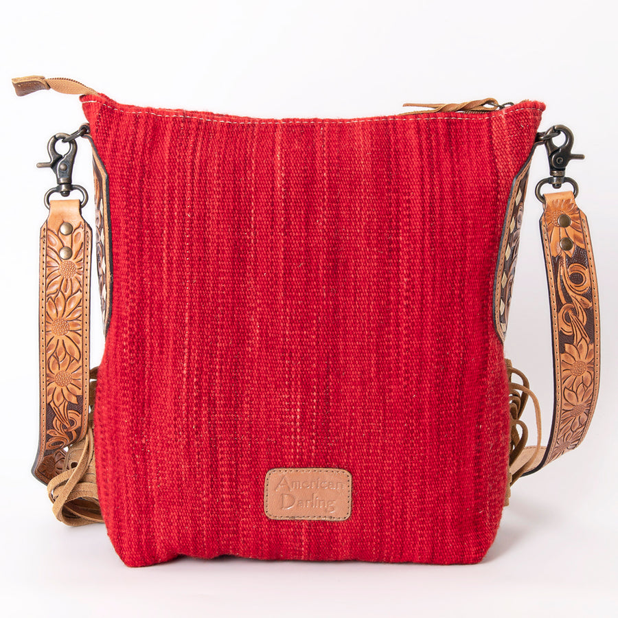 American Darling Cross body Bag Hand Woven Saddle Blanket Hand Tooled Western Leather Purse with Fringes 15in x 15in x 3in