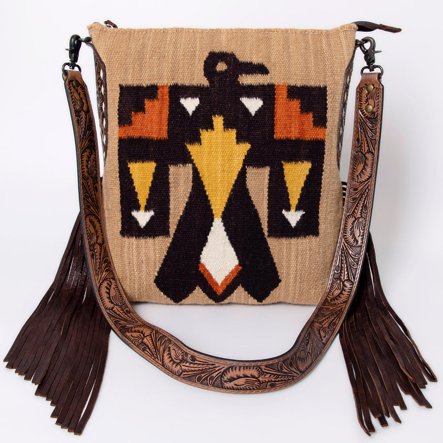 American Darling Cross body Bag Hand Woven Saddle Blanket Hand Tooled Western Leather Purse with Fringes 15in x 15in x 3in
