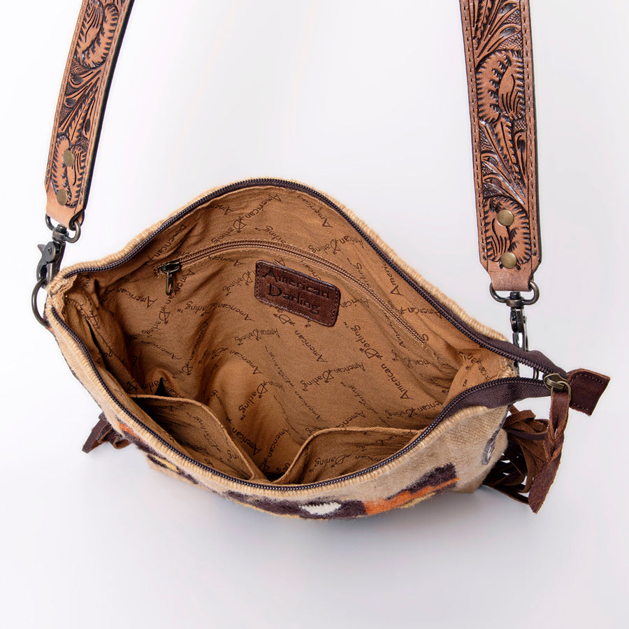 American Darling Cross body Bag Hand Woven Saddle Blanket Hand Tooled Western Leather Purse with Fringes 15in x 15in x 3in