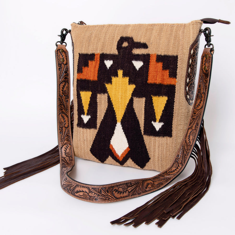 American Darling Hand Woven Saddle Blanket Western Leather Cross body Bag with Fringes - Uhorse