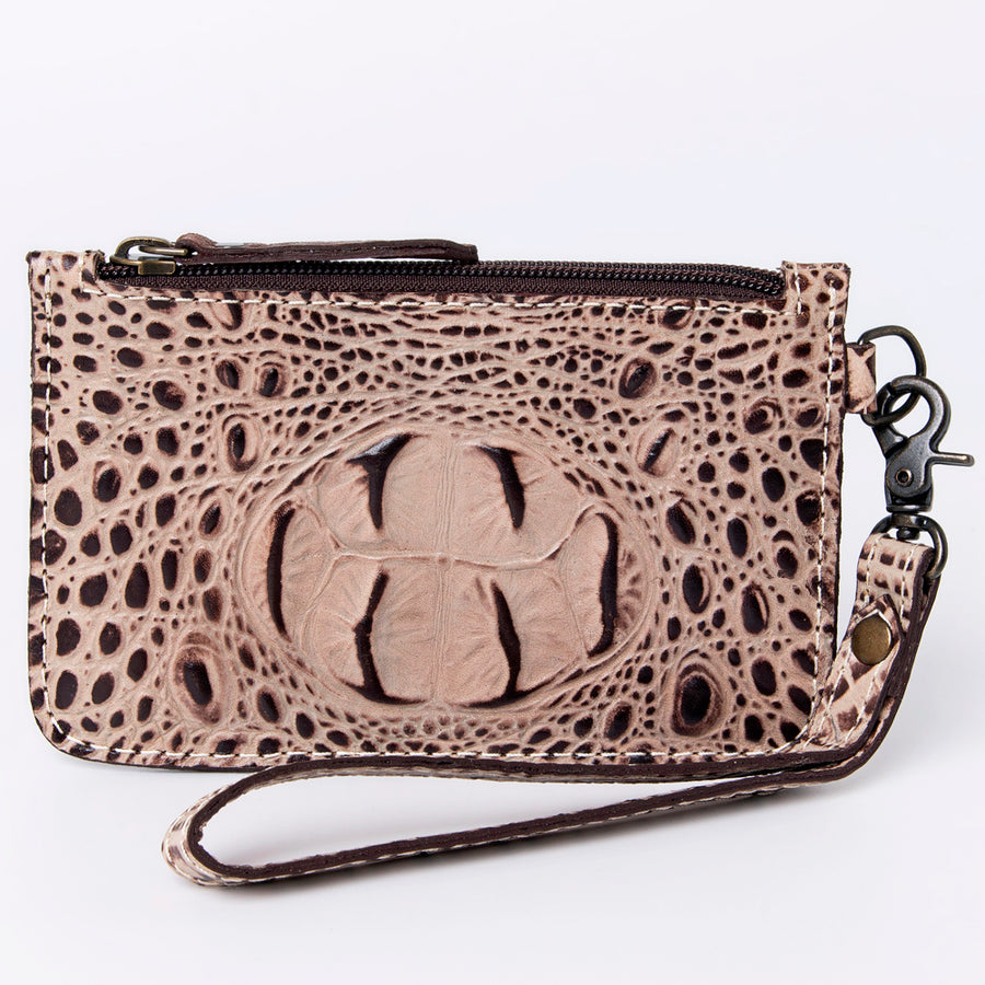 American Darling Western Leather Wristlet Bag, Crocodile Embossed Full Grain Genuine Leather, Eco-Friendly Artisan Clutch