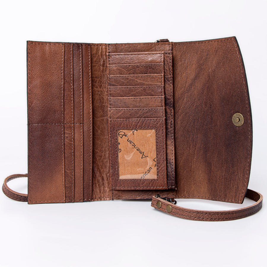 American Darling Wallet, Hand Tooled Genuine Vegetable-Tanned Leather, Western Handcrafted Tooled Crossbody Wallet for Women