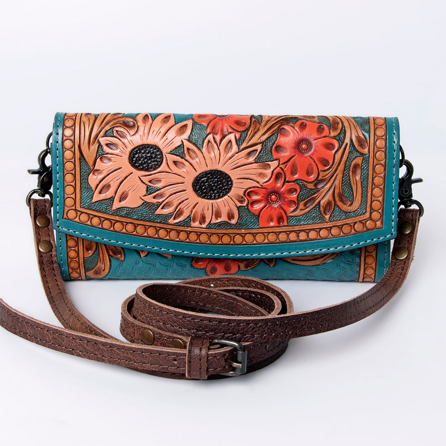 American Darling Wallet, Hand Tooled Genuine Vegetable-Tanned Leather, Western Handcrafted Tooled Crossbody Wallet for Women