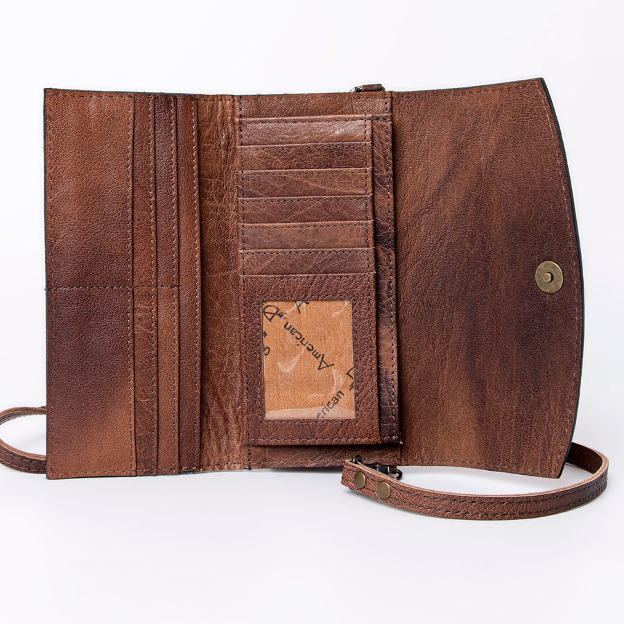 American Darling Wallet, Hand Tooled Genuine Vegetable-Tanned Leather, Western Handcrafted Tooled Crossbody Wallet for Women