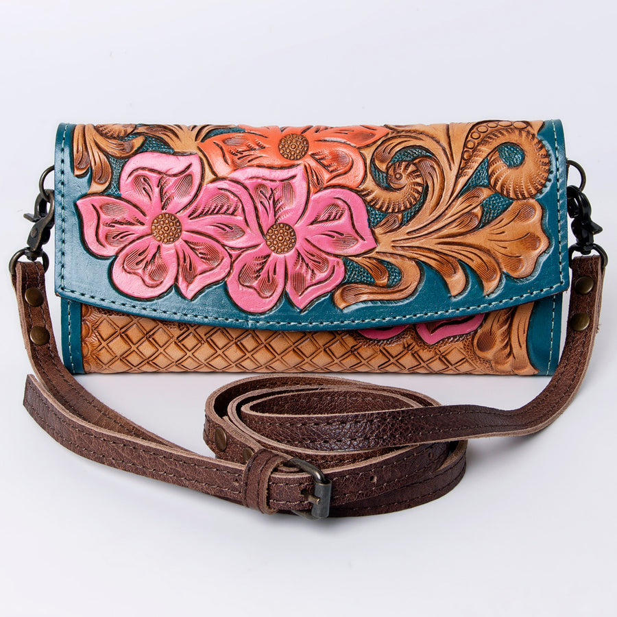 American Darling Wallet, Hand Tooled Genuine Vegetable-Tanned Leather, Western Handcrafted Tooled Crossbody Wallet for Women