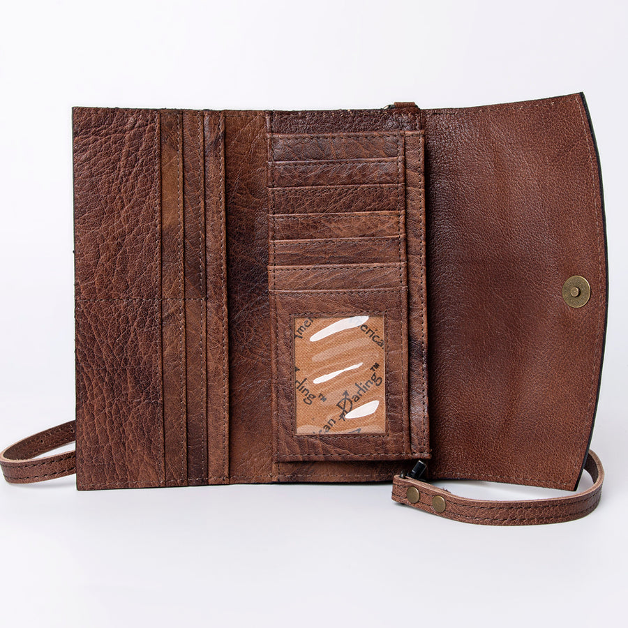 American Darling Wallet, Hand Tooled Genuine Vegetable-Tanned Leather, Western Handcrafted Tooled Crossbody Wallet for Women