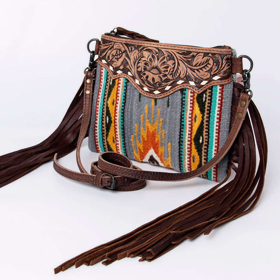 American Darling Hand-Tooled Floral Cross body Bag with Woven Saddle Blanket and Fringes - Uhorse