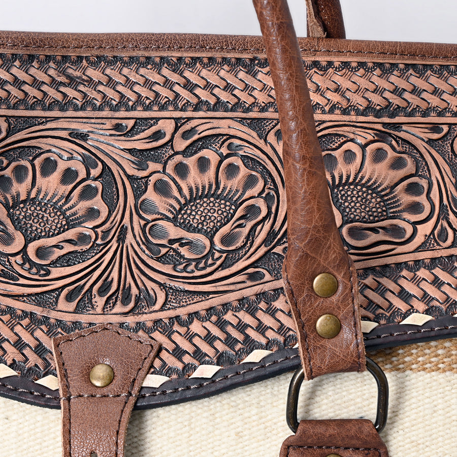 American Darling Duffel Bag Hand Tooled Floral Carved Hair-On Cowhide Genuine Vegetable Tanned Leather Travel Bag YKK Zipper