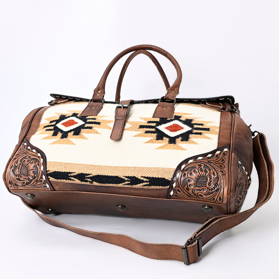 American Darling Duffel Bag Hand Tooled Floral Carved Hair-On Cowhide Genuine Vegetable Tanned Leather Travel Bag YKK Zipper