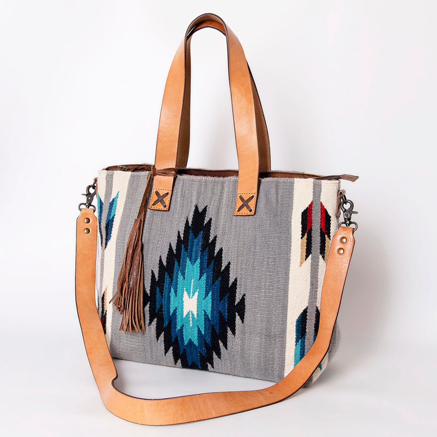 American Darling Hand Woven Saddle Blanket Western Leather Tote Bag with Tassels - Uhorse