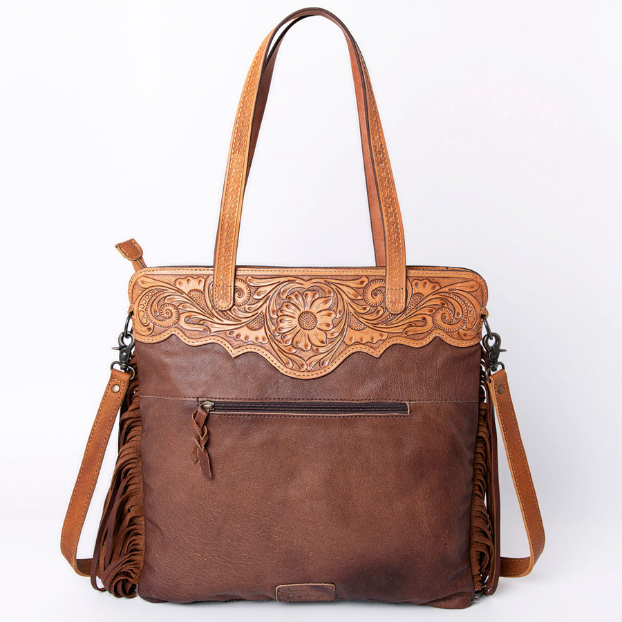 American Darling Tote Bag, Genuine Leather Western Purse with Hair-On Cowhide, Hand Tooled Floral & Turquoise Concho