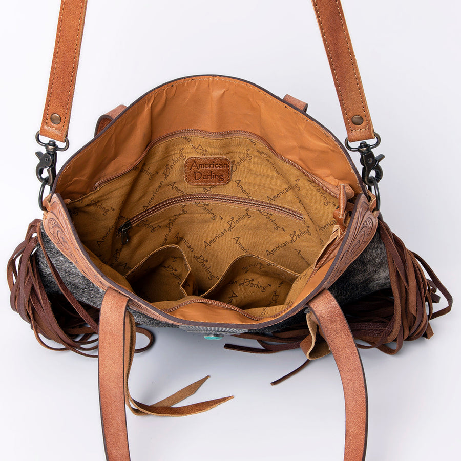 American Darling Tote Bag, Genuine Leather Western Purse with Hair-On Cowhide, Hand Tooled Floral & Turquoise Concho