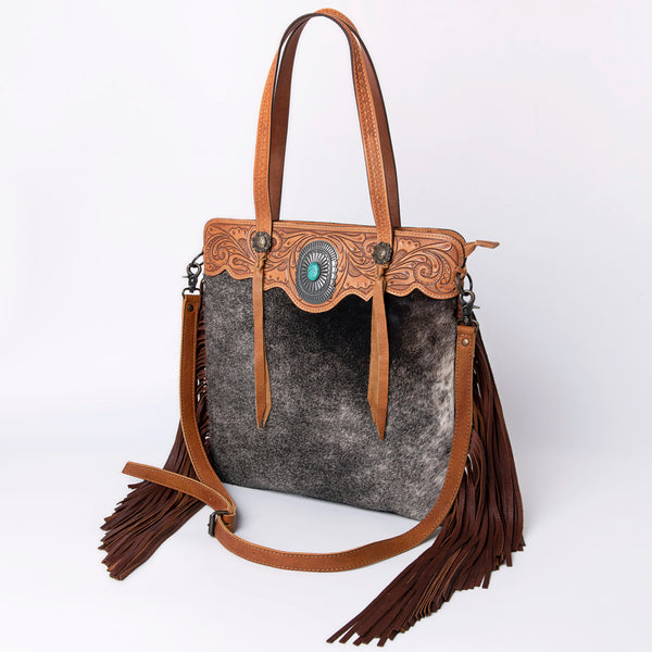 American Darling Western Leather Tote Bag with Hair-On Cowhide and Hand Tooled Floral - Uhorse