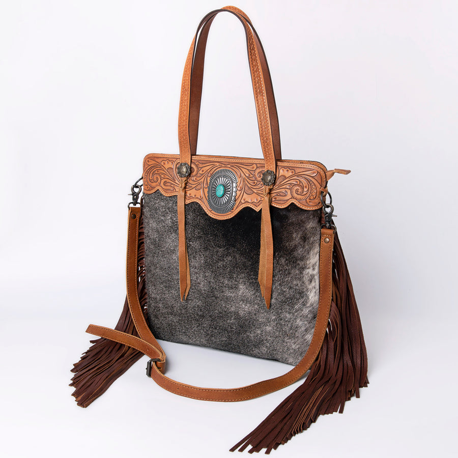 American Darling Western Leather Tote Bag with Hair-On Cowhide and Hand Tooled Floral - Uhorse