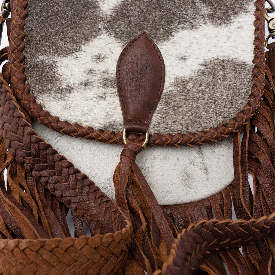 American Darling Cross body Bag, Genuine Hair-On Cowhide & Leather with Fringes and Braided Detail, 9in (H) X 9in (W) X 2in (D)