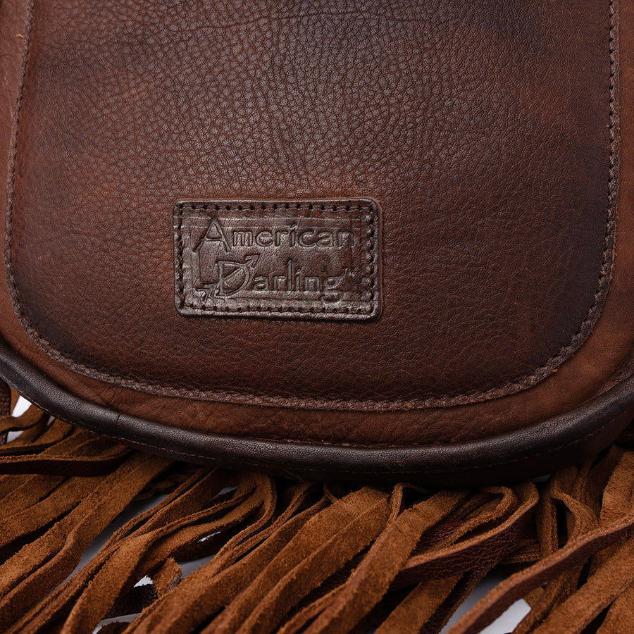 American Darling Cross body Bag, Genuine Hair-On Cowhide & Leather with Fringes and Braided Detail, 9in (H) X 9in (W) X 2in (D)