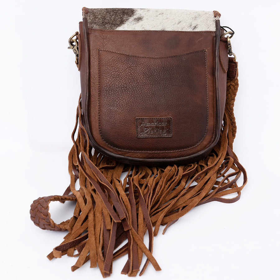 American Darling Cross body Bag, Genuine Hair-On Cowhide & Leather with Fringes and Braided Detail, 9in (H) X 9in (W) X 2in (D)