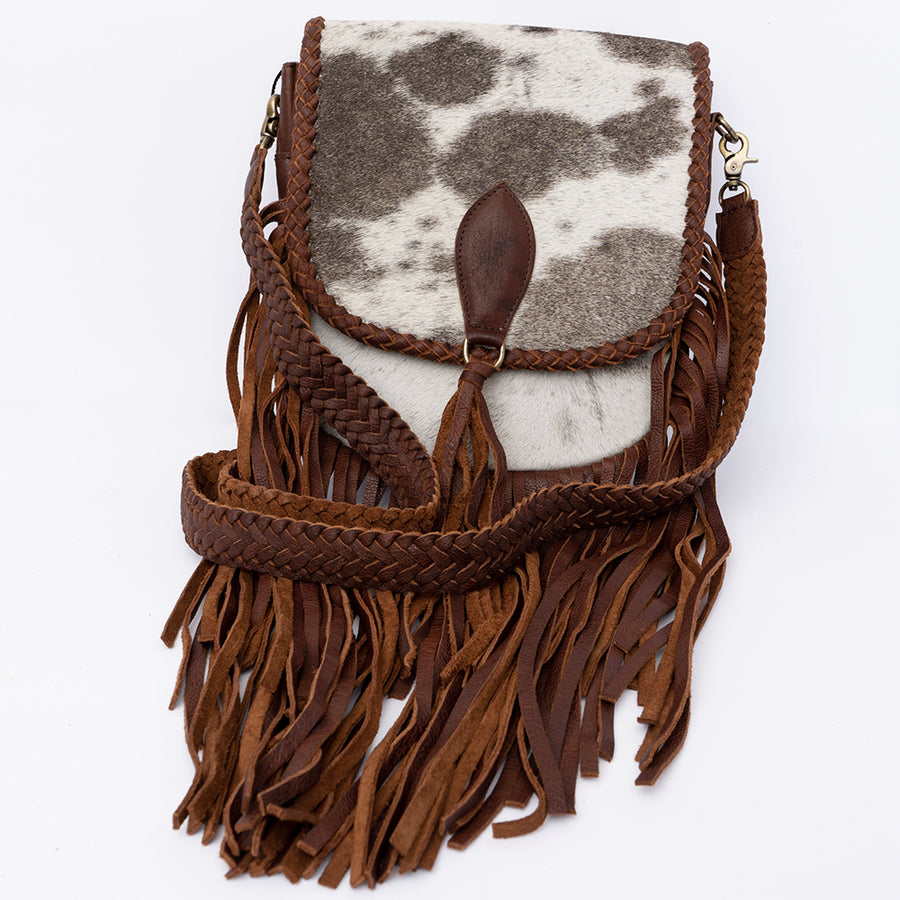 American Darling Hair-On Cowhide Cross body Bag with Hand-Braided Detail and Fringes - Uhorse