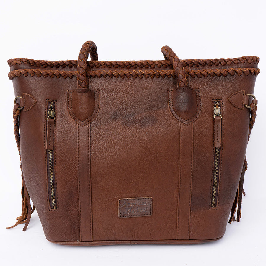 American Darling Tote Bag, Handcrafted Genuine Vegetable-Tanned Leather Western Purse with Braided Handles & Fringes