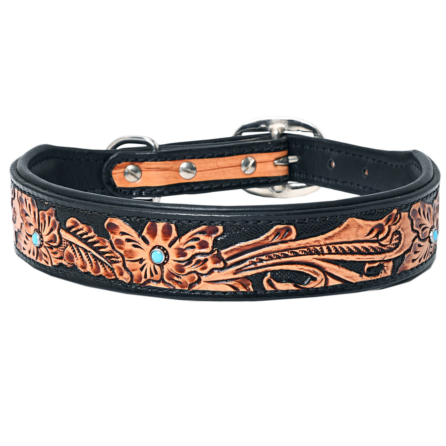 Hilason Floral Hand Tooled Strong Genuine Leather Dog Collar Black Large - Uhorse