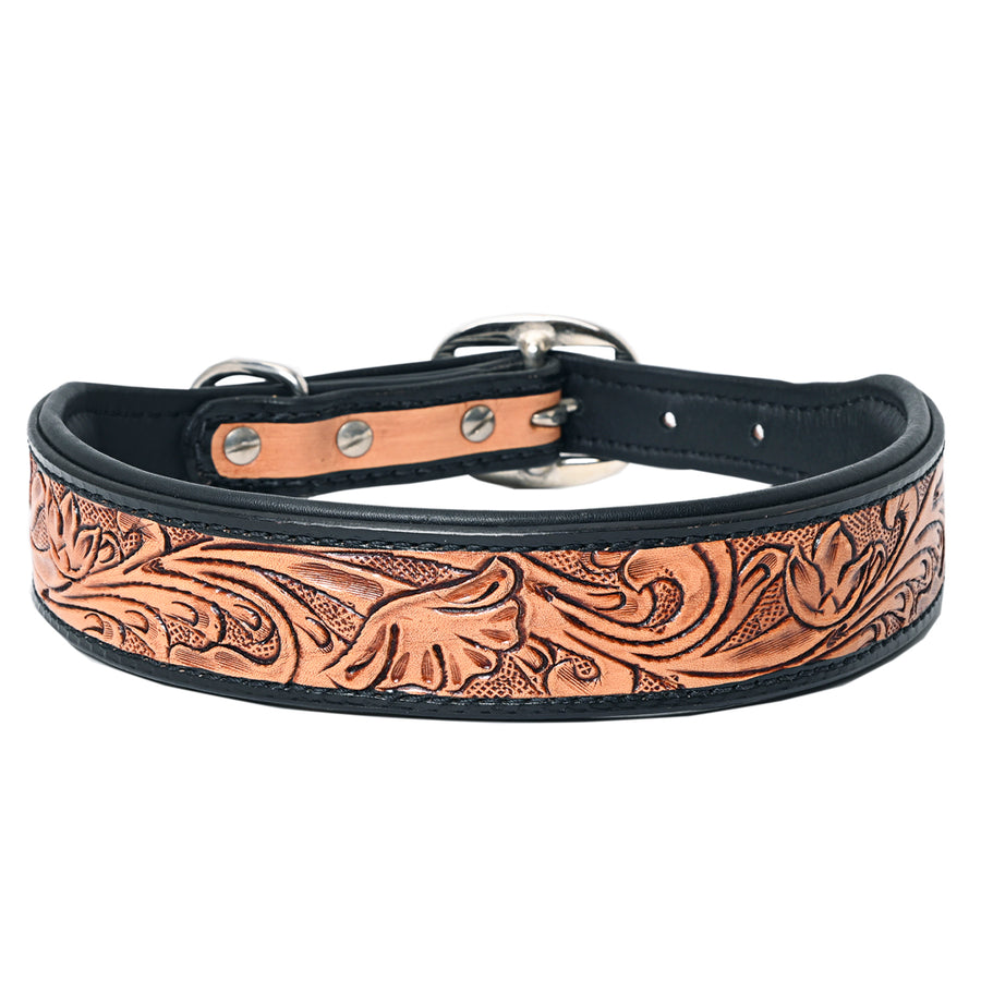 Hilason Floral Hand Tooled Strong Genuine Leather Dog Collar Black/Tan - Uhorse