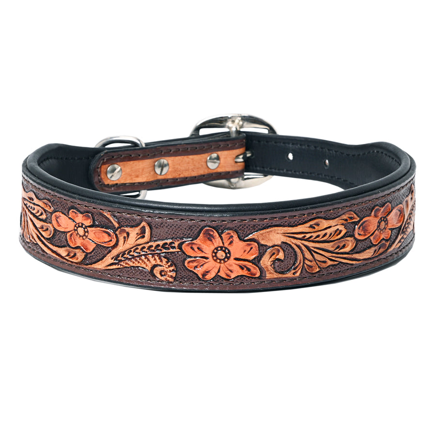 Hilason Floral Hand Tooled Strong Genuine Leather Dog Collar Brown X-Small - Uhorse