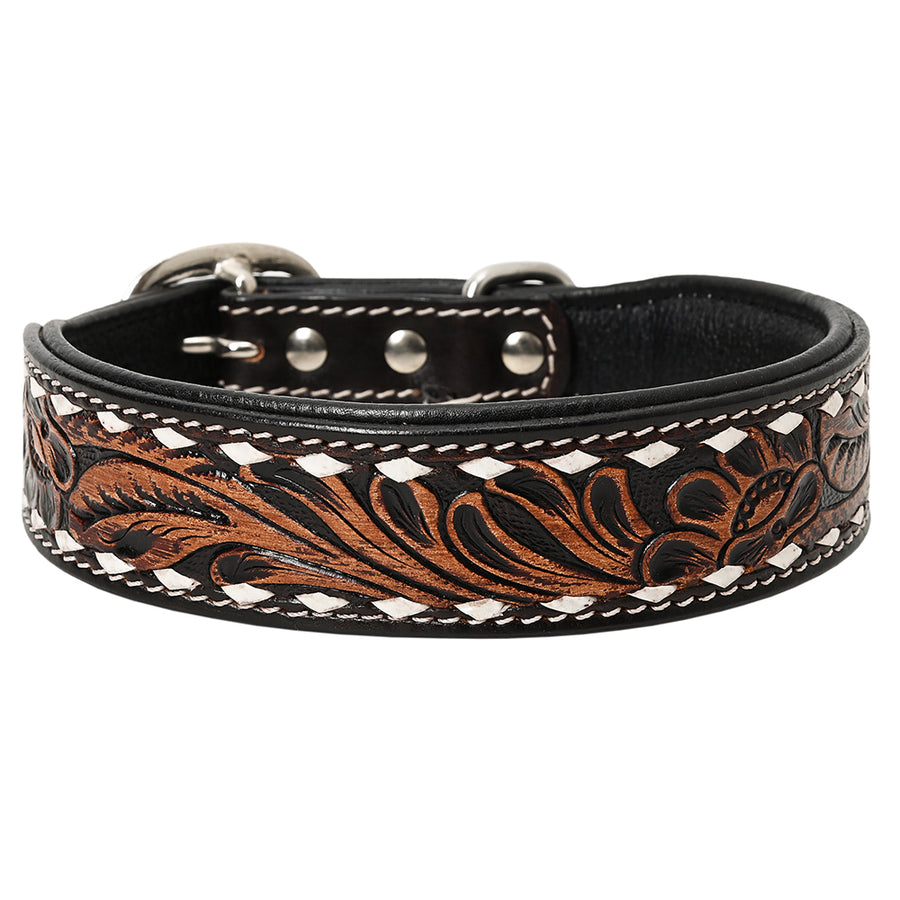 Hilason Buckstitch Floral Hand Tooled Strong Genuine Leather Dog Collar Brown X-Small - Uhorse