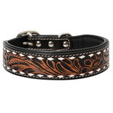 Hilason Buckstitch Floral Hand Tooled Strong Genuine Leather Dog Collar Brown Medium - Uhorse