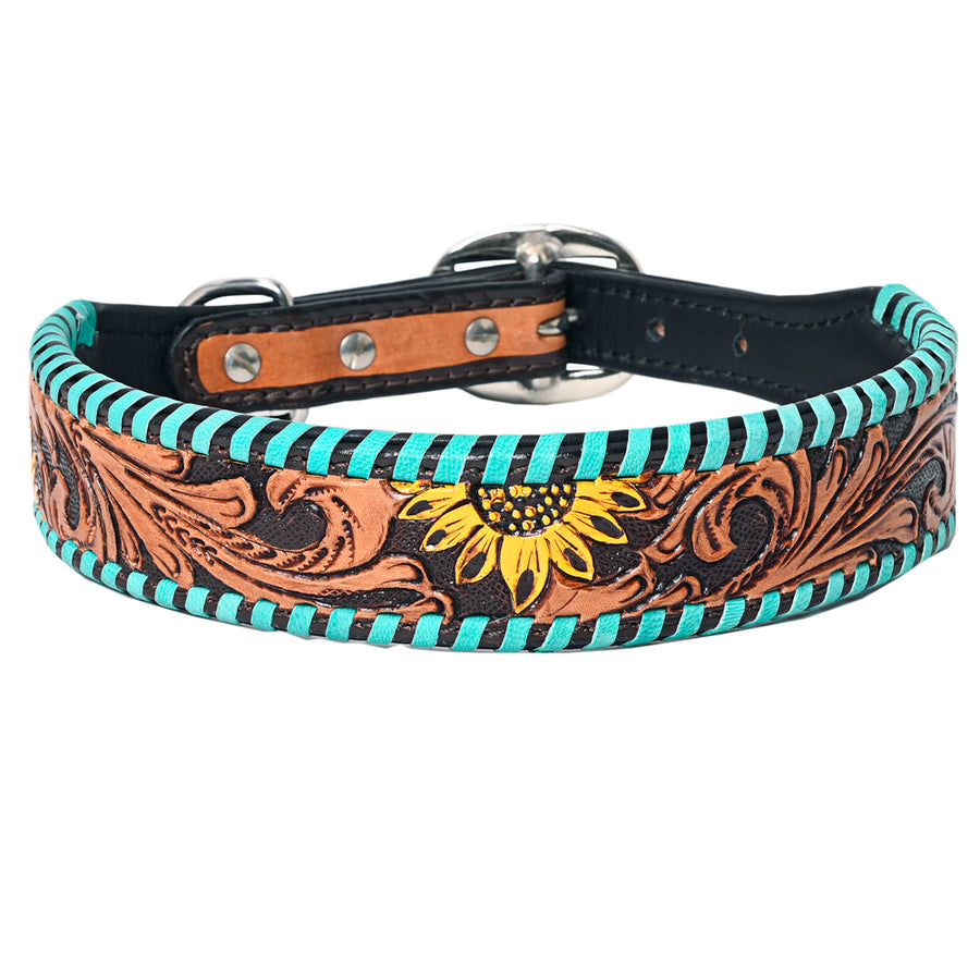 Hilason Buckstitch Sunflower Floral Hand Tooled Strong Genuine Leather Dog Collar Brown X-Small - Uhorse