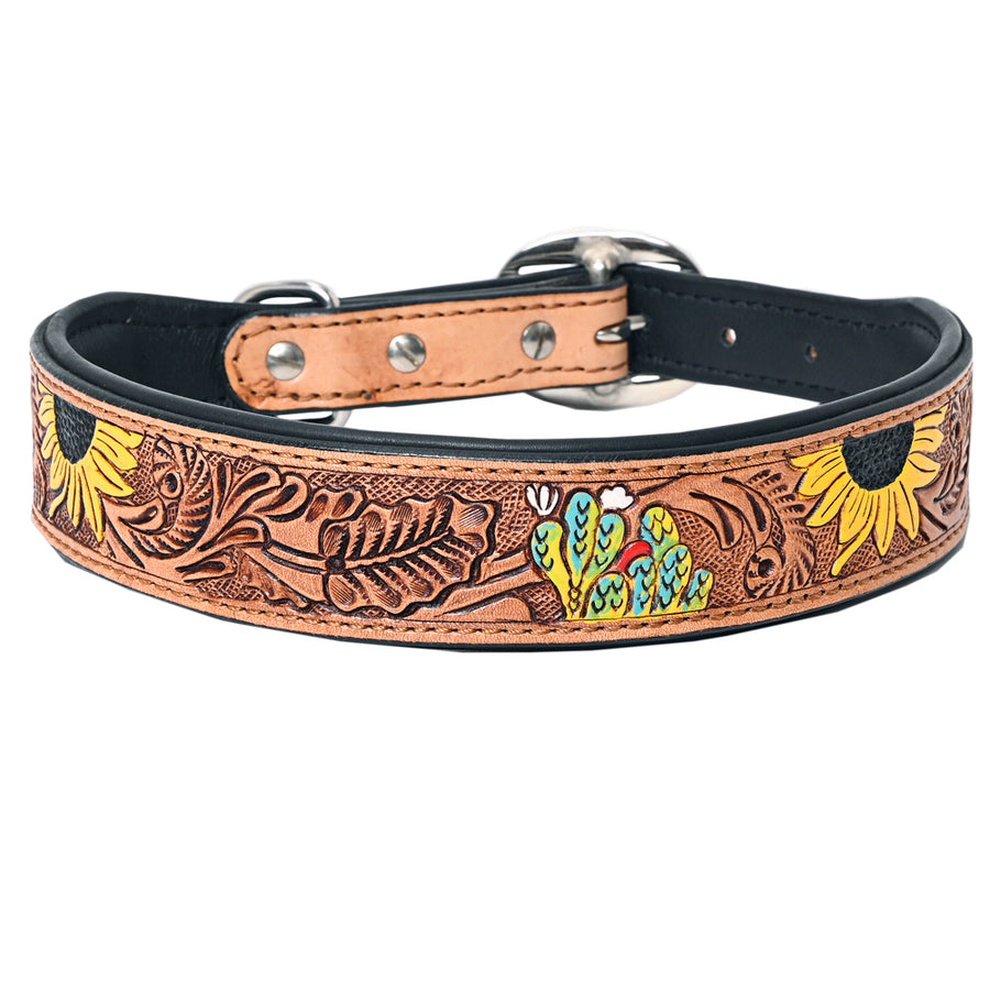 Hilason Sunflower Floral Hand Tooled Strong Genuine Leather Dog Collar Brown Large - Hilason