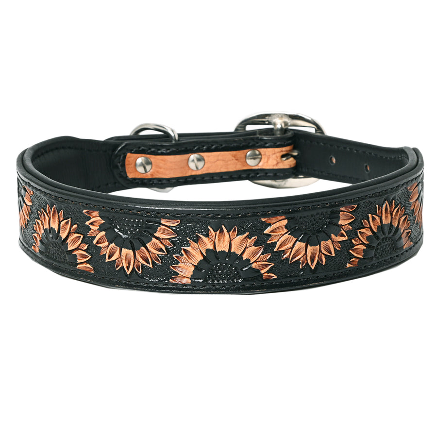 Hilason Sunflower Floral Hand Tooled Strong Genuine Leather Dog Collar Black Small - Uhorse