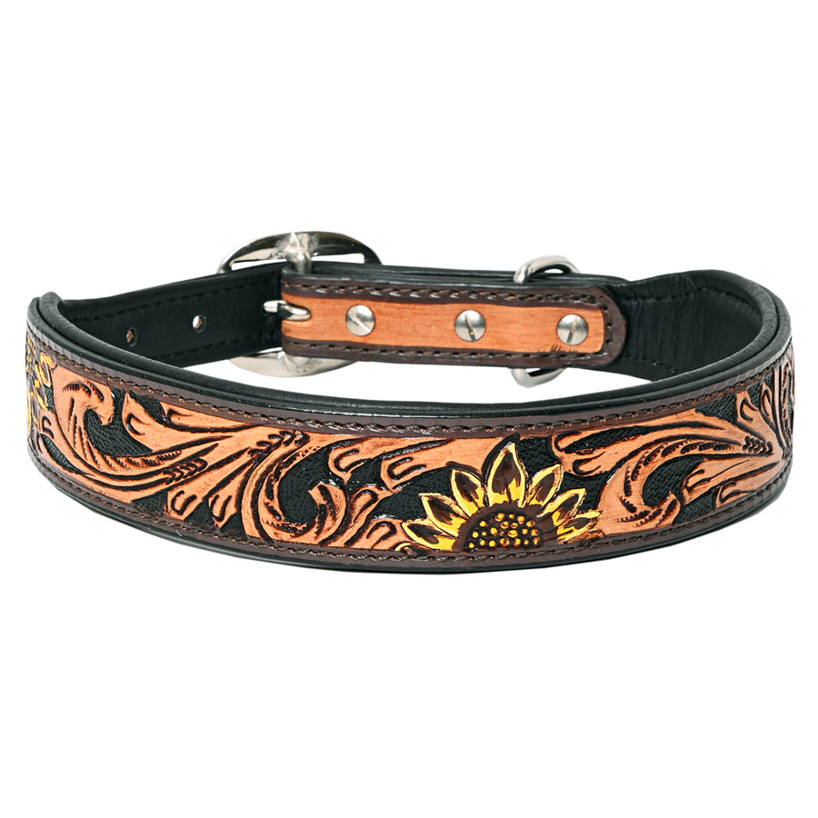 Hilason Sunflower Floral Hand Tooled Strong Genuine Leather Dog Collar Black/Brown X-Small - Uhorse