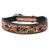 Hilason Sunflower Floral Hand Tooled Strong Genuine Leather Dog Collar Black/Brown Small - Uhorse