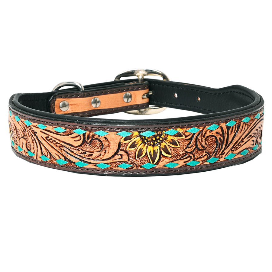 Hilason Sunflower Floral Hand Tooled Strong Genuine Leather Dog Collar Black/Tan Large - Uhorse
