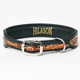 Hilason Sunflower Floral Hand Tooled Strong Genuine Leather Dog Collar Black/Tan