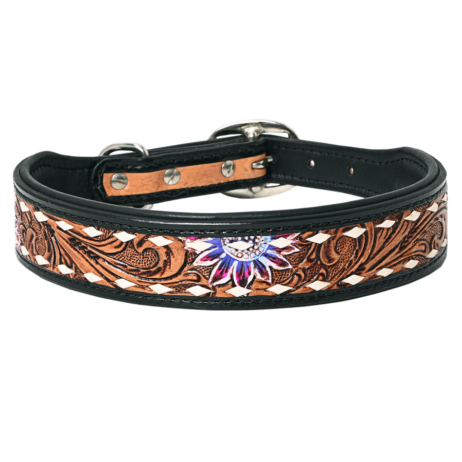 Hilason Sunflower Floral Hand Tooled Strong Genuine Leather Dog Collar Black/Tan X-Small - Uhorse