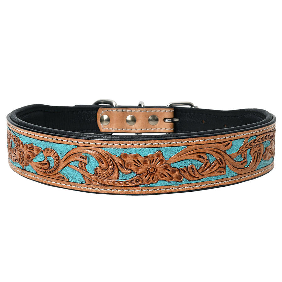 Hilason Turquoise Floral Hand Tooled Strong Genuine Leather Dog Collar Black/Tan Small - Uhorse