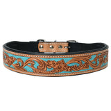 Hilason Turquoise Floral Hand Tooled Strong Genuine Leather Dog Collar Black/Tan Medium - Uhorse
