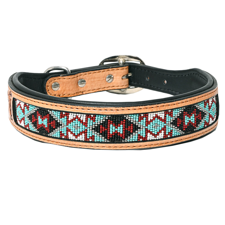 Hilason Beaded Hand Tooled Strong Genuine Leather Dog Collar Black/Tan Medium - Uhorse