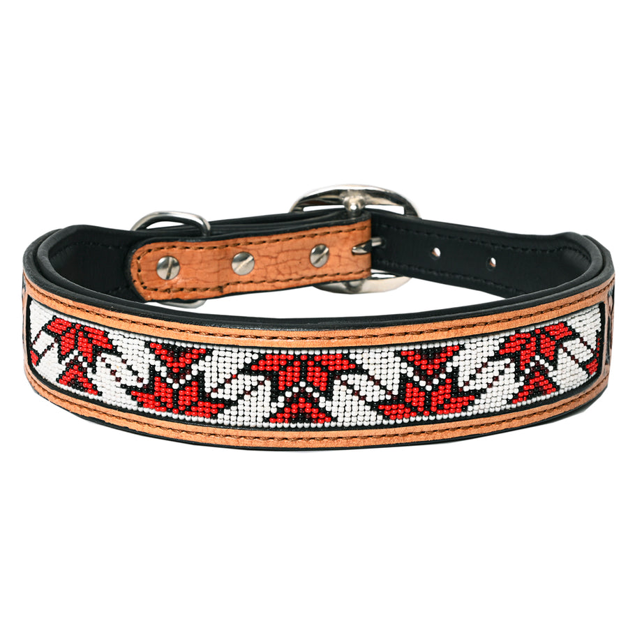 Hilason Beaded Hand Tooled Strong Genuine Leather Dog Collar Black/Tan X-Small - Uhorse