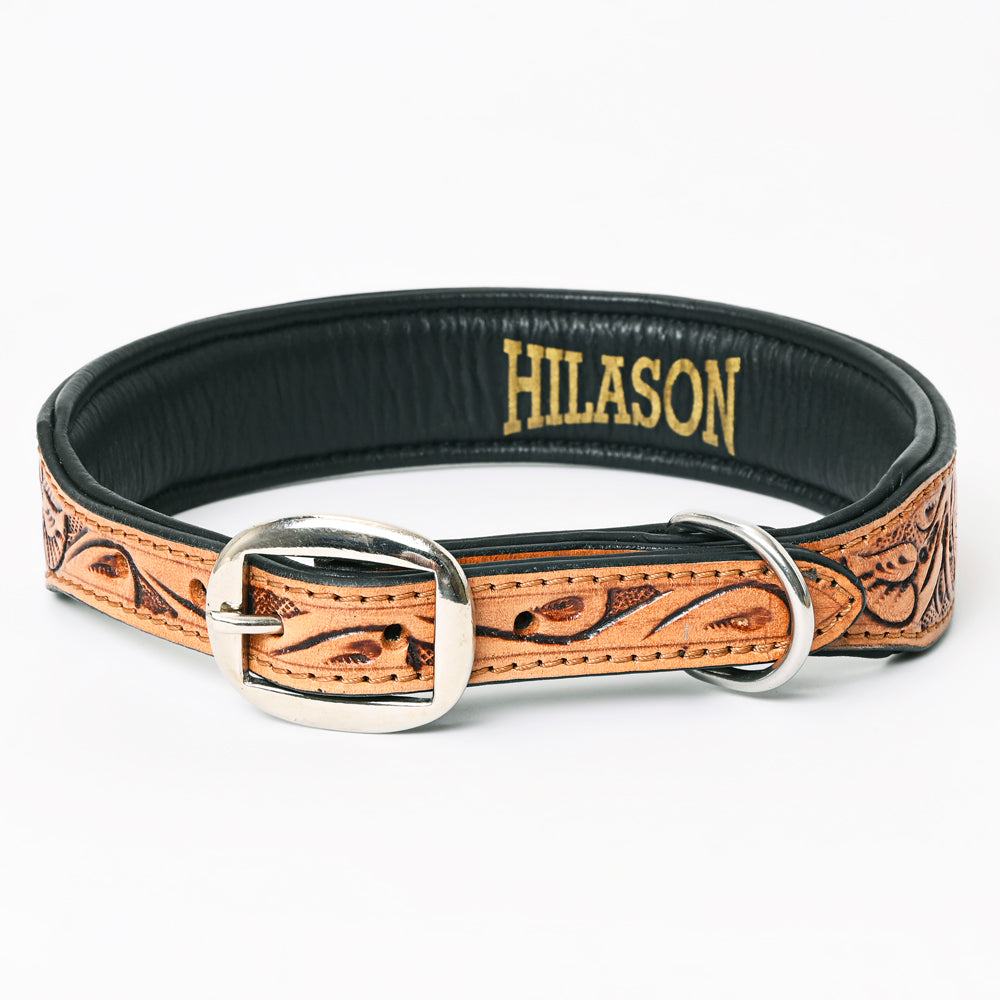 Hilason Beaded Hand Tooled Strong Genuine Leather Dog Collar Black/Tan