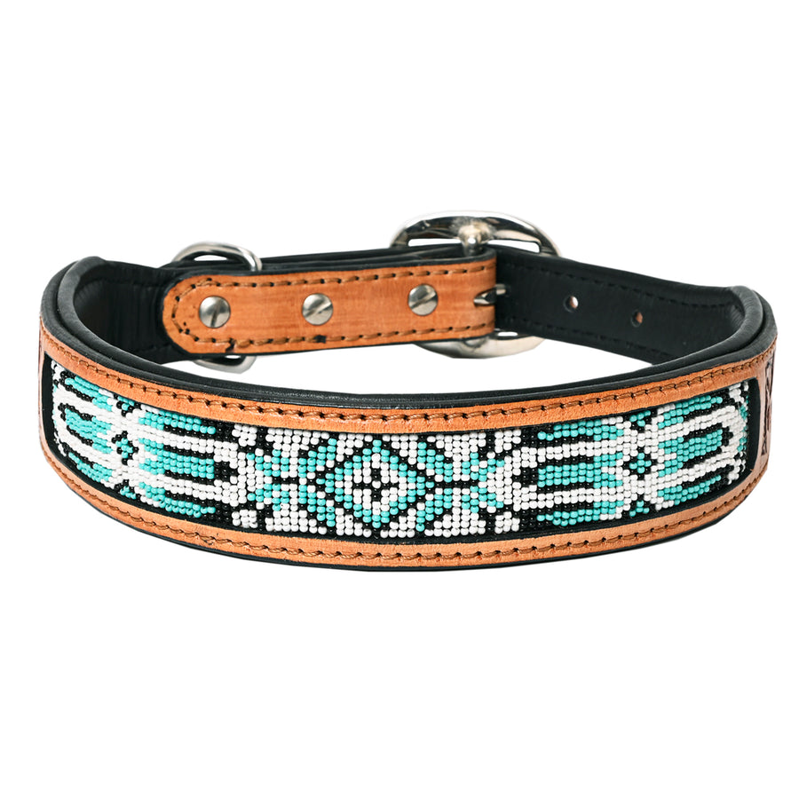 Hilason Beaded Hand Tooled Strong Genuine Leather Dog Collar Black/Tan Medium - Uhorse