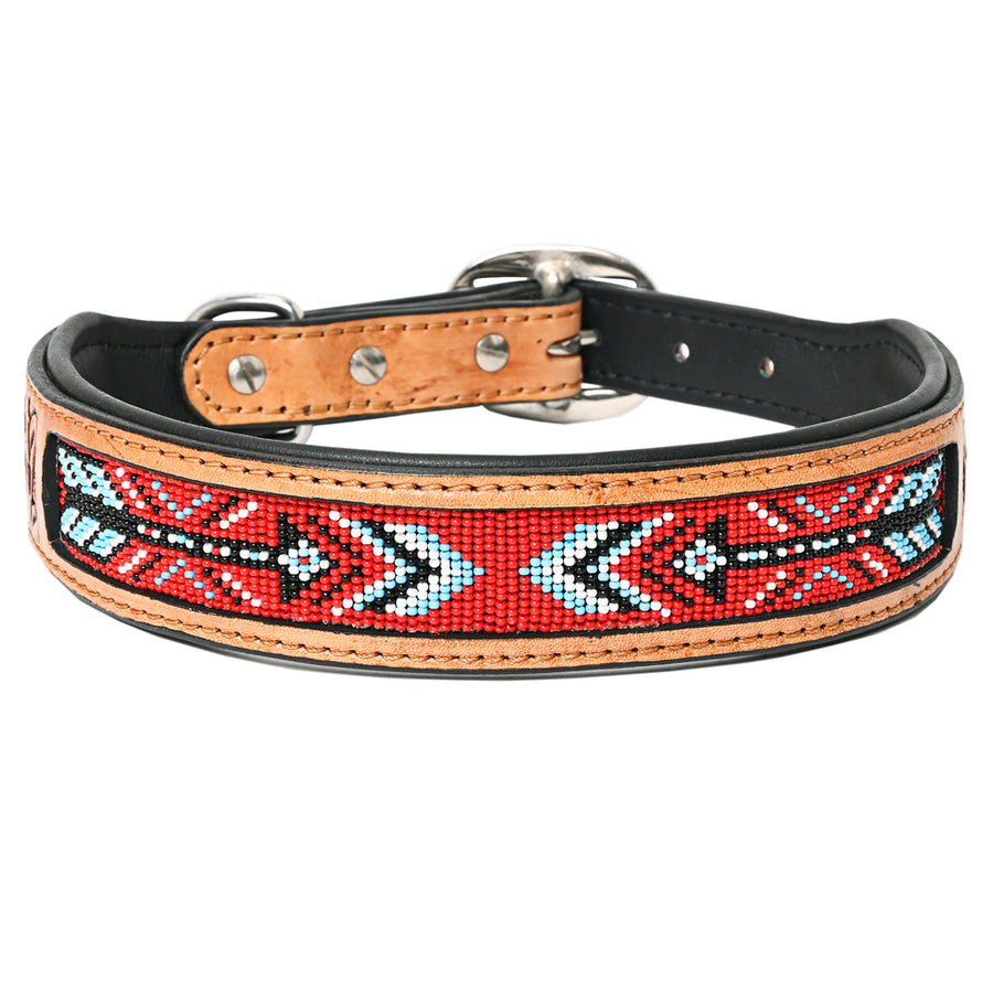 Hilason Beaded Hand Tooled Strong Genuine Leather Dog Collar Black/Tan Medium - Uhorse