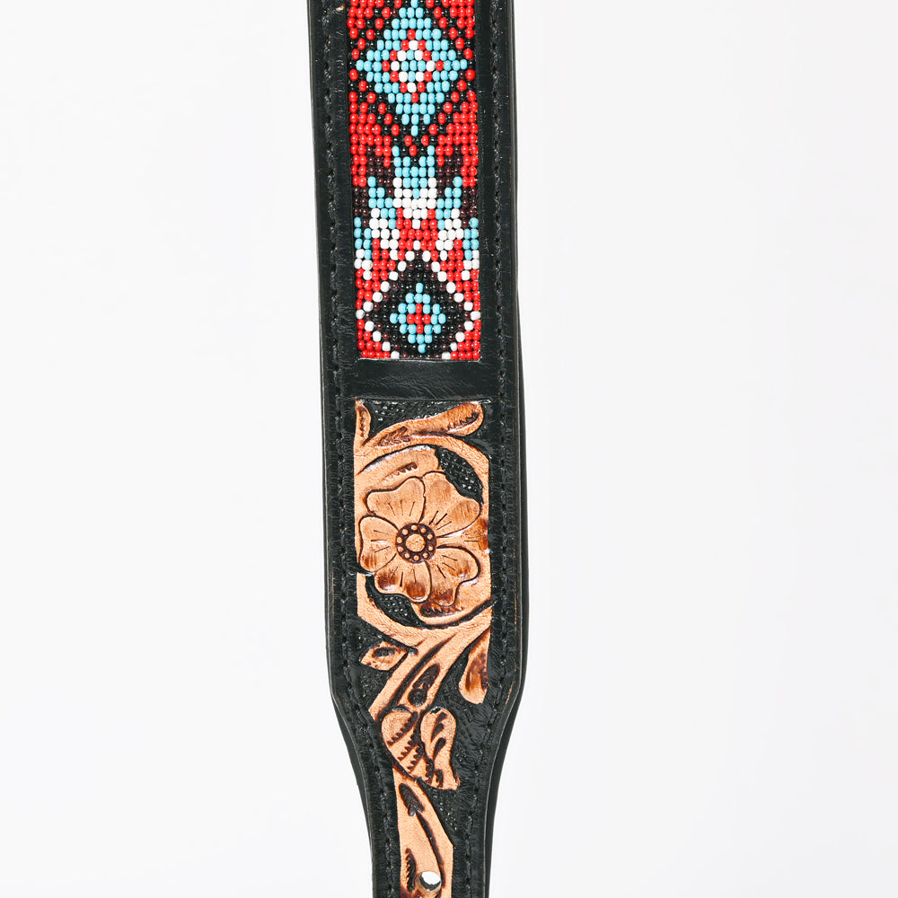Hilason Beaded Hand Tooled Strong Genuine Leather Dog Collar Black