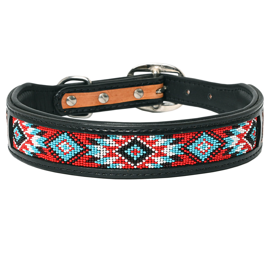 Hilason Beaded Hand Tooled Strong Genuine Leather Dog Collar Black Large - Hilason