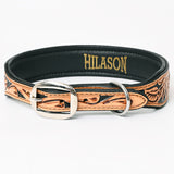 Hilason Beaded Hand Tooled Strong Genuine Leather Dog Collar Black/Tan