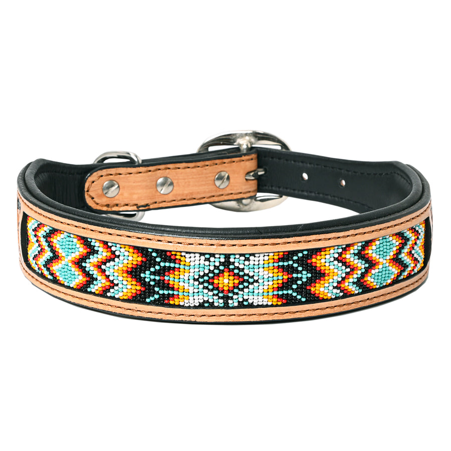 Hilason Beaded Hand Tooled Strong Genuine Leather Dog Collar Black/Tan X-Small - Uhorse