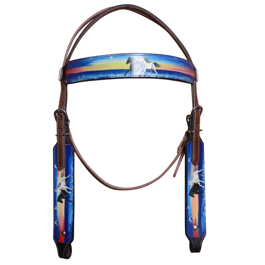 COMFYTACK Western Horse Hand Painted Headstall Breast Collar Tack Genuine Leather Brown - Uhorse