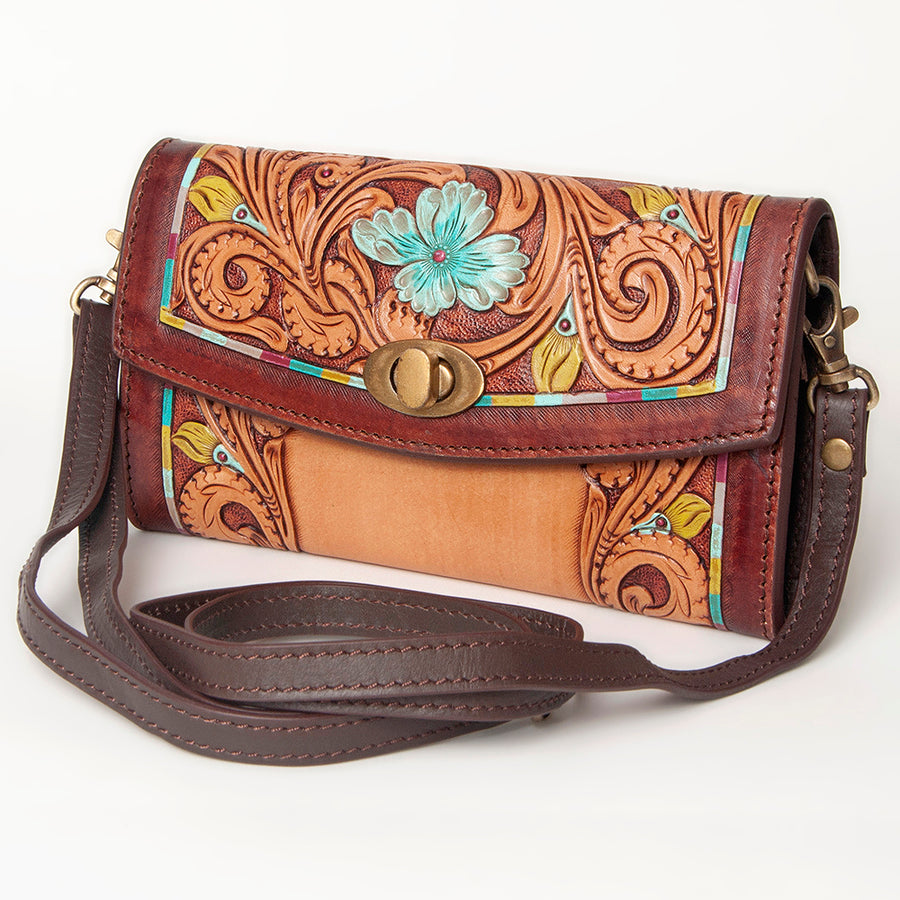 American Darling Western Leather Small Cross body Bag - Hand Tooled Floral Carved Purse - Uhorse
