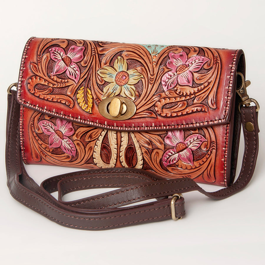 American Darling Western Leather Small Cross body Bag - Hand Tooled Floral Carved Purse - Uhorse